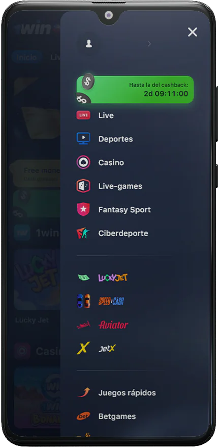 Captura de pantalla del menú principal de la aplicación 1Win